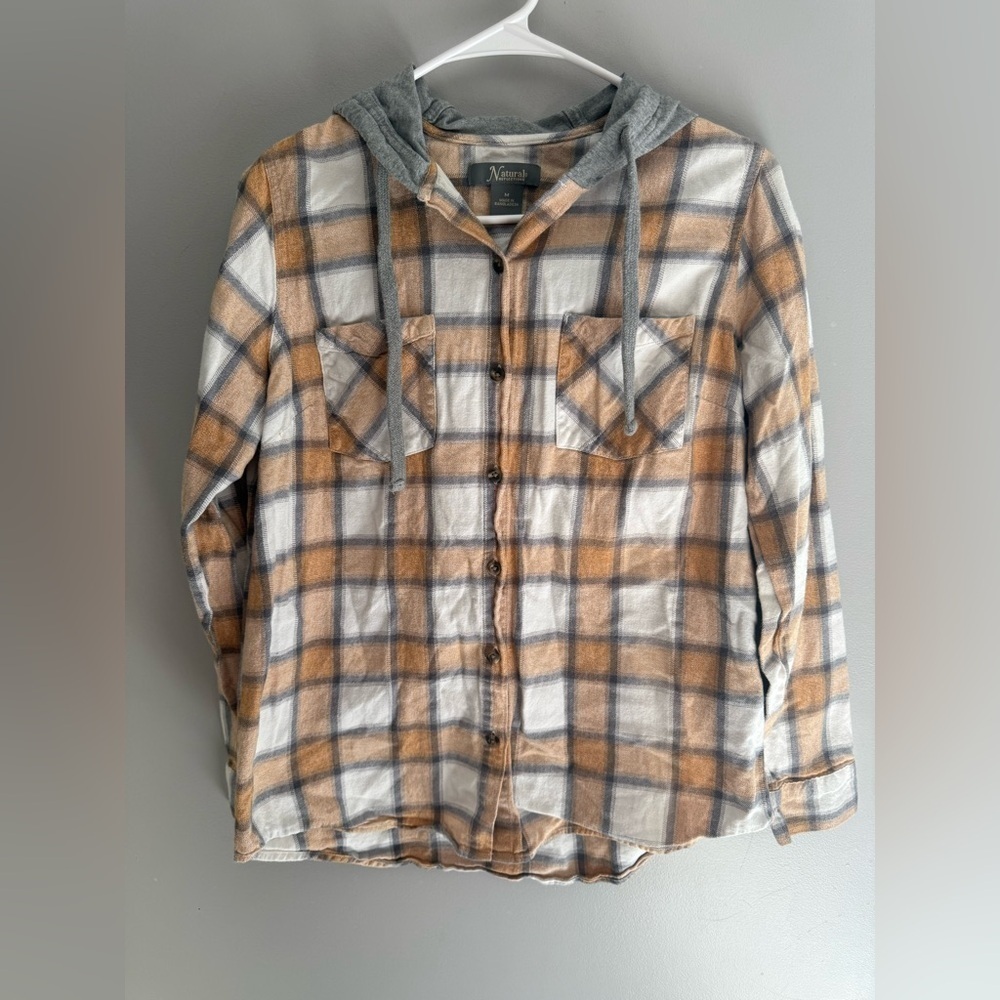 Natural Reflections Button Up Hooded Flannel Shirt Jacket Women’s SZ M Fall